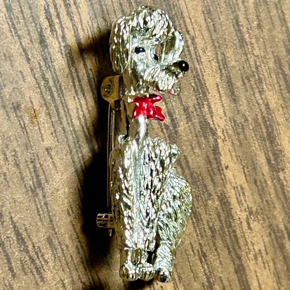 Vintage Poodle Brooch Silver Tone Red Enamel Bow Textured Dog Pin 1.75in
